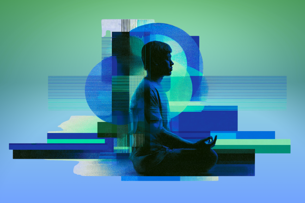Meditating man surrounded by layered blue and green geometric forms, symbolizing awareness, insight, and transformation.