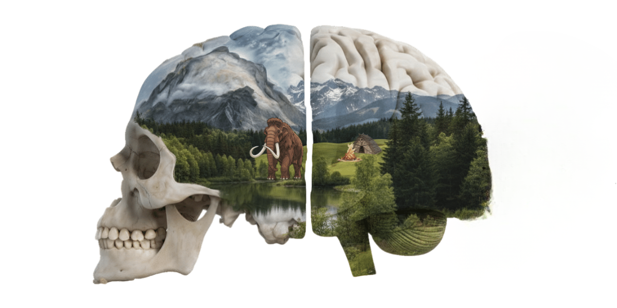 Composite image of a human skull and brain with natural landscape and prehistoric elements, representing evolutionary conditioning and the survival-based mind.