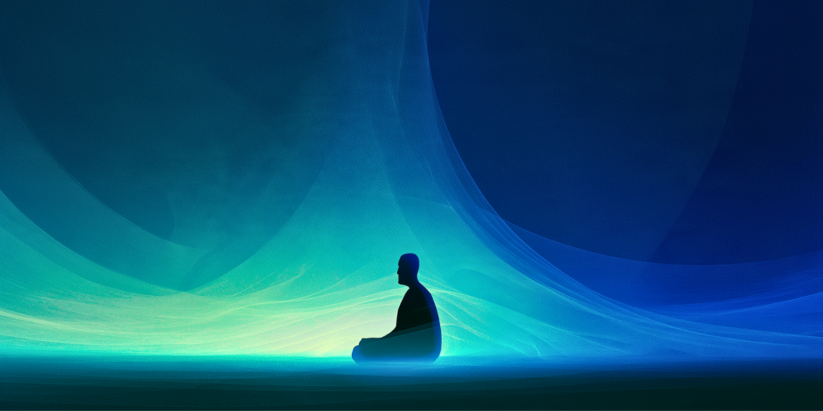Silhouetted meditator surrounded by flowing blue and green light, symbolizing insight and inner transformation.