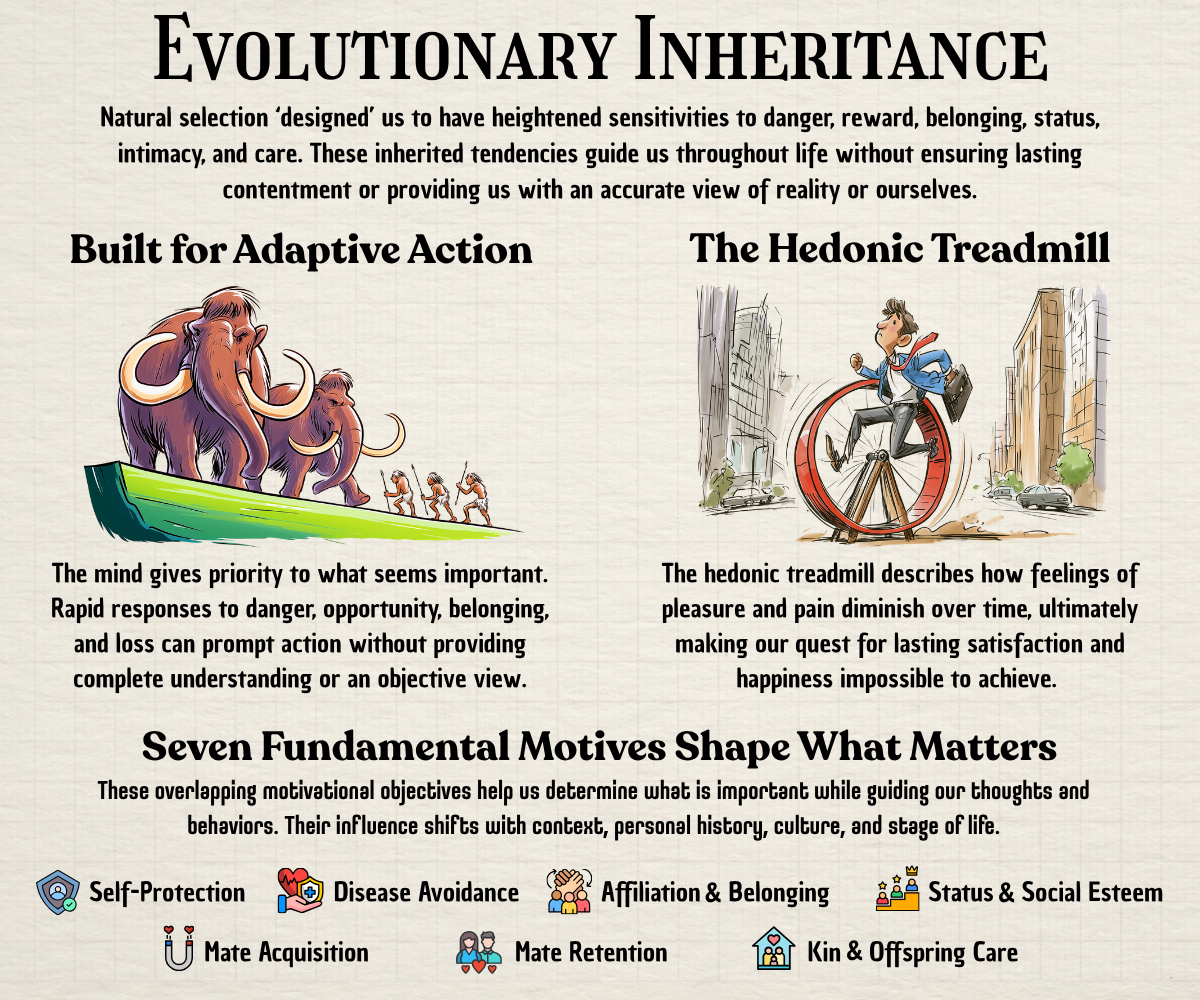 Infographic showing evolutionary inheritance, adaptive action, the hedonic treadmill, and seven fundamental human motives.