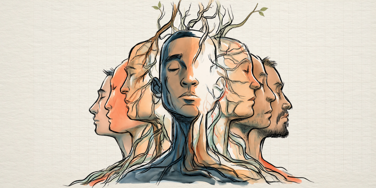 Watercolor illustration of diverse human faces intertwined with roots and branches, with small green leaves symbolizing growth and change.