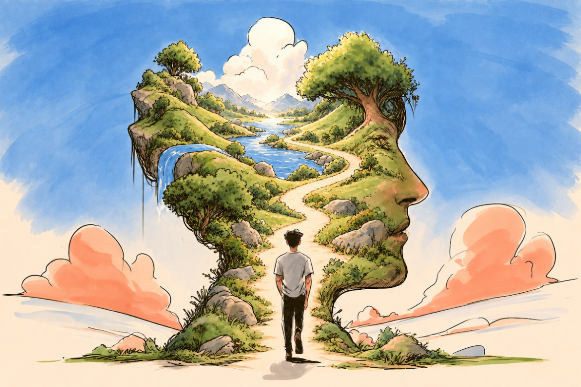 Man walking toward a human profile formed from a winding path, river, trees, waterfall, and mountains beneath a blue watercolor sky.